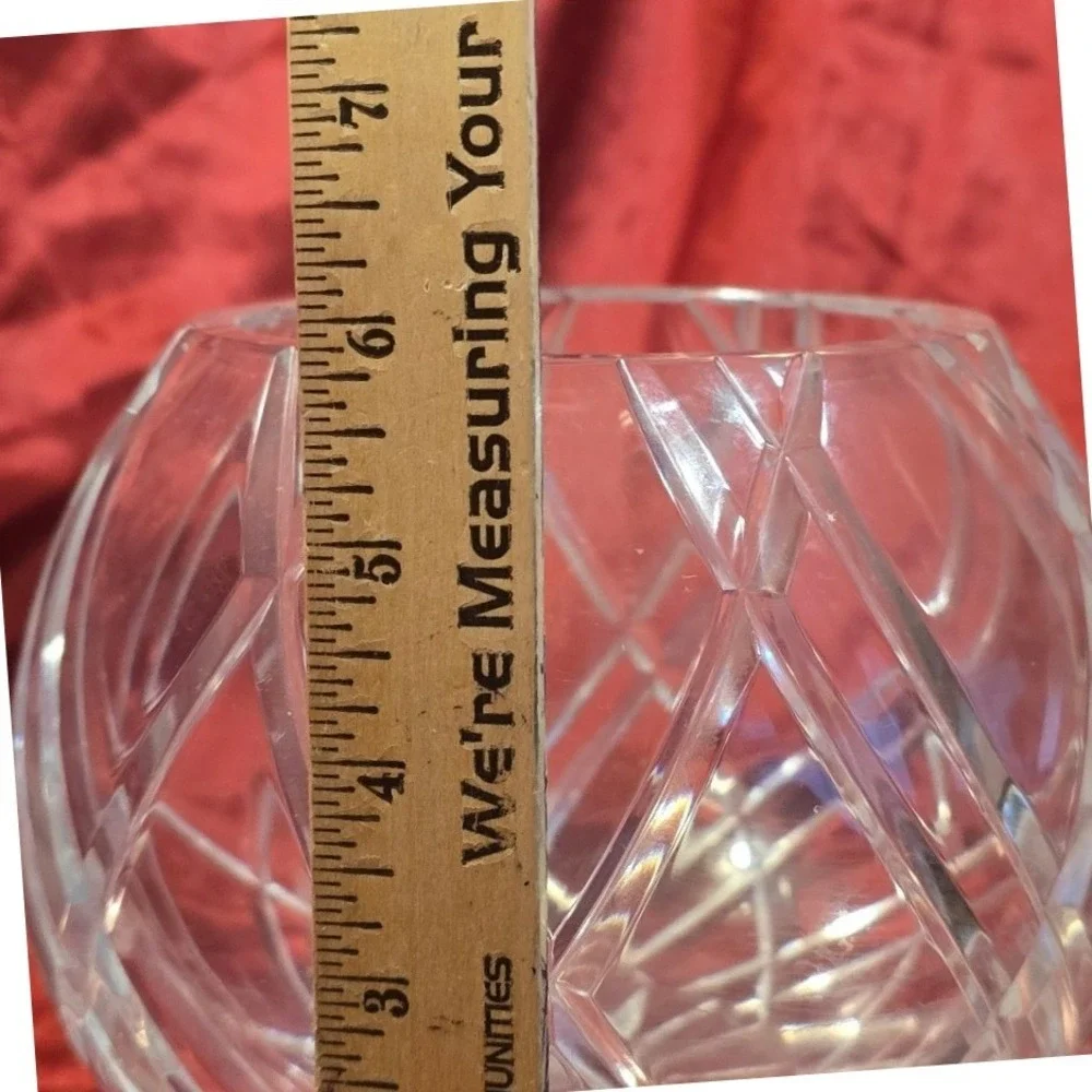 Vintage Heavy Cut Lead Crystal Rose Bowl Round Orb Vase Starburst Base 6 inch